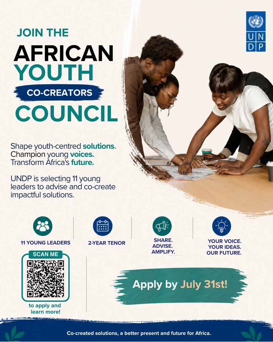 UNDPAfrica's tweet photo. ☑️ Are you 18–34?
☑️ An African national?
☑️ Driving change in your community?

This might be for you! ✨

We're selecting 11 young leaders for the African Youth Co-Creators Council to help shape youth-centred solutions.🌍

Learn more &amp; apply by 31 July 👉 https://t.co/3h2S62PWBK https://t.co/2UwUqQVidB