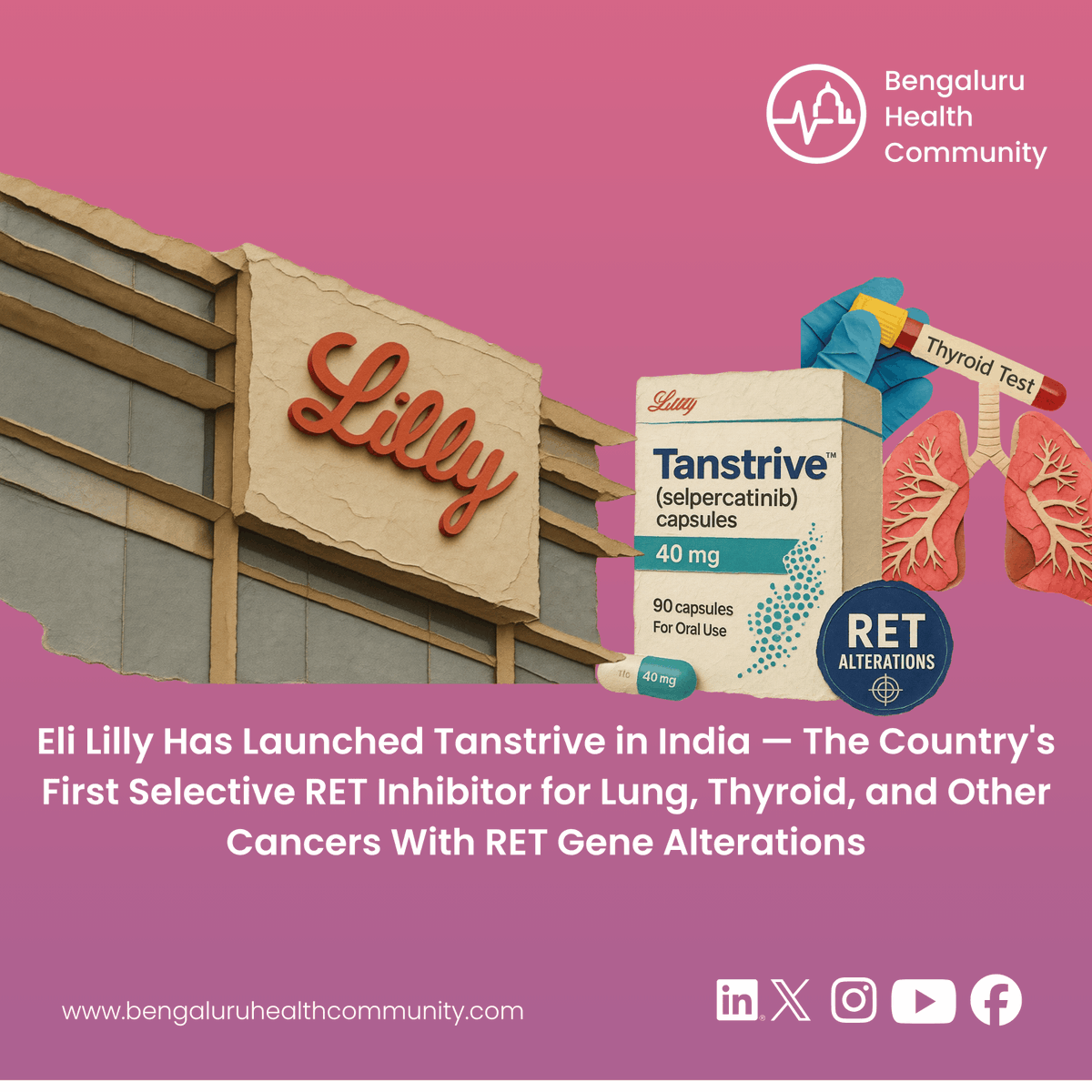 blrhealthco's tweet photo. @EliLillyandCo Launches Tanstrive in India: India's First RET Inhibitor for RET-Altered Lung, Thyroid, and Solid Tumour Cancers

Read More:https://t.co/v6289REgdi

#EliLilly #Tanstrive #Selpercatinib #RETInhibitor #PrecisionOncology #LungCancer #ThyroidCancer #BHCMedia https://t.co/3httZG0KUF