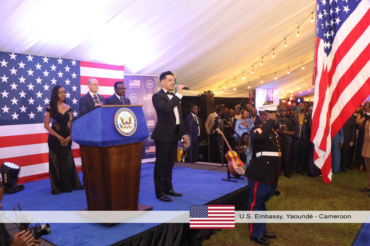 USEmbYaounde's tweet photo. What an unforgettable evening celebrating #Freedom250—America’s 250th Independence Day—at the U.S. Embassy in Yaoundé! 🇺🇸🇨🇲

As we marked this historic milestone, Chargé d’Affaires ad interim John G. Robinson reflected on the ideals that have defined the United States for 250 years: freedom, democracy, opportunity, and service. He also celebrated the enduring friendship between the United States and Cameroon, emphasizing that our partnership is strengthened through innovation, education, trade, cultural exchange, and the countless connections between our people.

The evening was a wonderful reminder that our strongest partnerships are built by working together toward a shared future of peace, prosperity, and opportunity.

🙏🏽 A heartfelt thank you to our partners, friends, and distinguished guests whose presence made this celebration so meaningful. We look forward to continuing to strengthen the ties between the United States and Cameroon for generations to come.

Happy 250th Birthday, America! 🇺🇸

📖 Read Charge d’Affairés a.i. John G. Robinson full remarks here 👉 https://t.co/8ujP3PIONz

If you missed the celebration on FB Live, you can still watch it here 👉 https://t.co/CqmX8VACJa

Happy Fourth of July! 🇺🇸

#July4th