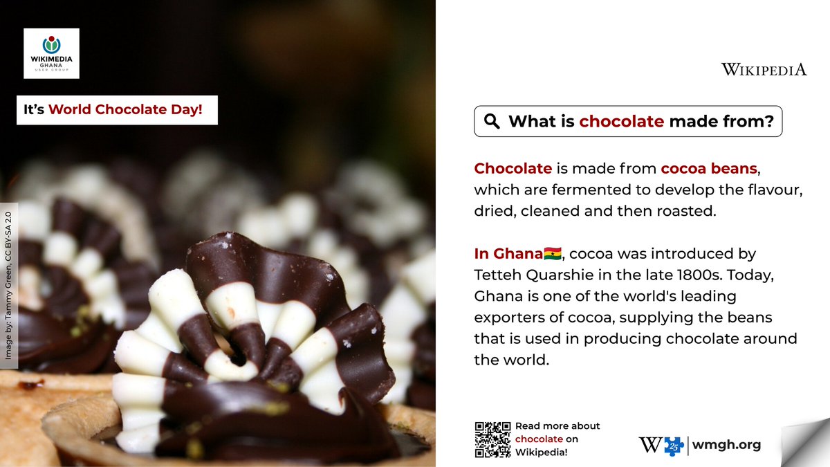 WikimediaGH's tweet photo. 🍫 It's #WorldChocolateDay! 

Did you know chocolate is made from cocoa beans? 

Observe the day by learning something new! Scan the QR code or upload a screenshot into a QR scanner to read more about chocolate on #Wikipedia https://t.co/kEyrOGLGeI