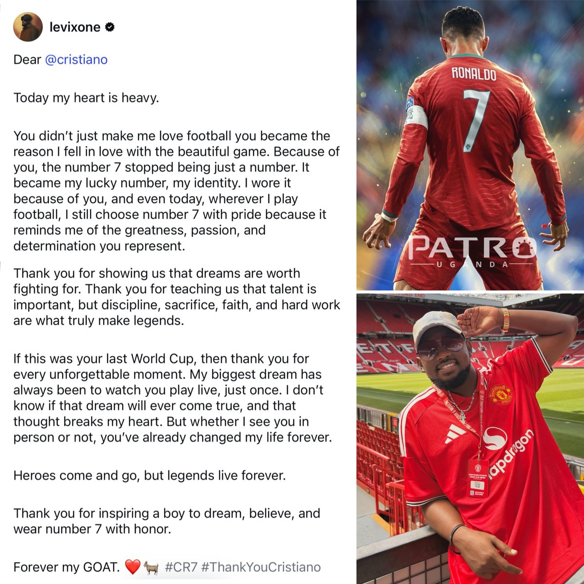 PatroUganda's tweet photo. “Thank you for showing us that dreams are worth fighting for. Thank you for teaching us that talent is important, but discipline, sacrifice, faith, and hard work are what truly make legends.” — A heartfelt message to Cristiano Ronaldo from his fan, musician Levixone. https://t.co/2rtw5XOEvL