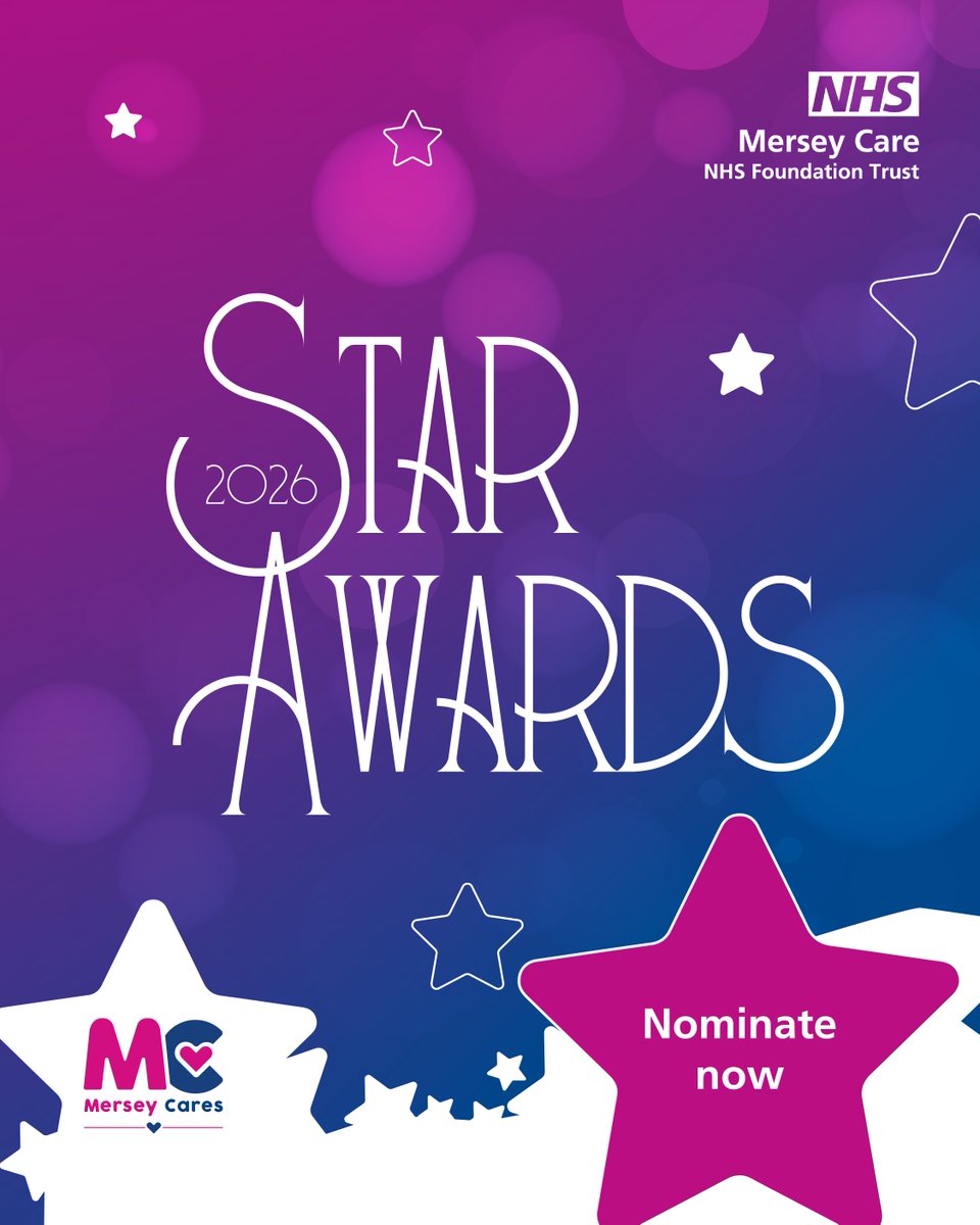 Mersey_Care's tweet photo. 🎉 Nominations for #StarAwards 2026 are now open 🌟

Celebrate the amazing work of our staff by nominating a deserving individual or team for their outstanding efforts 🌟

Submit your entries today 👇🏽

https://t.co/qWP1tZ8k8U

#StaffRecognition #NHSStaff #MCStars26 https://t.co/BQCLZfg33l