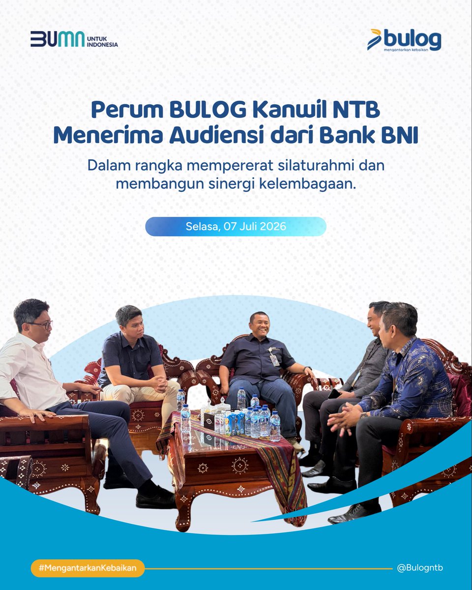 bulog_ntb's tweet photo. Perum BULOG Kanwil NTB menerima kunjungan audiensi dari Bank Negara Indonesia sebagai upaya mempererat silaturahmi, memperkuat komunikasi, dan membangun sinergi antarinstansi.
.
#Perumbulog #Mengantarkankebaikan #audiensi https://t.co/X2xQAq5Hw7