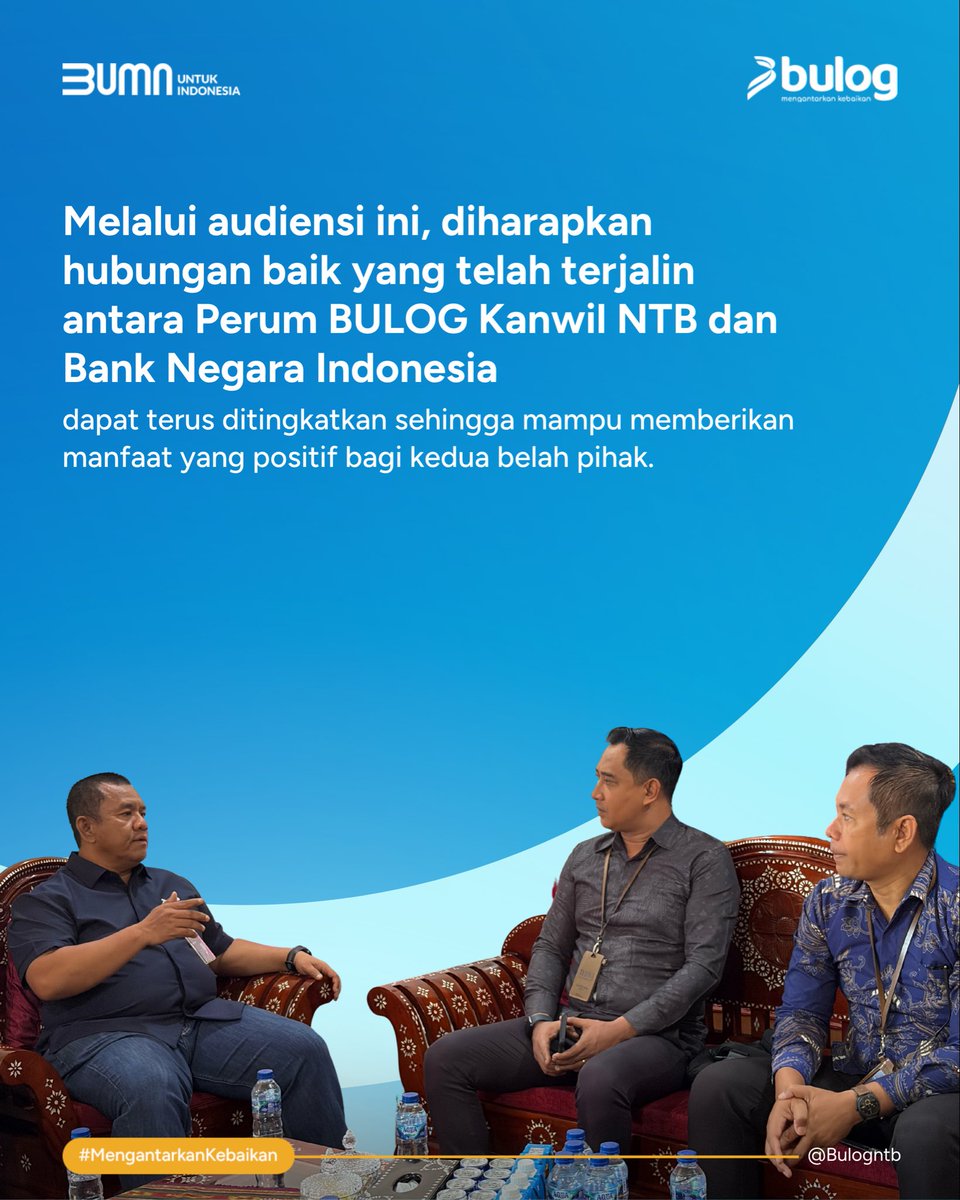 bulog_ntb's tweet photo. Perum BULOG Kanwil NTB menerima kunjungan audiensi dari Bank Negara Indonesia sebagai upaya mempererat silaturahmi, memperkuat komunikasi, dan membangun sinergi antarinstansi.
.
#Perumbulog #Mengantarkankebaikan #audiensi https://t.co/X2xQAq5Hw7