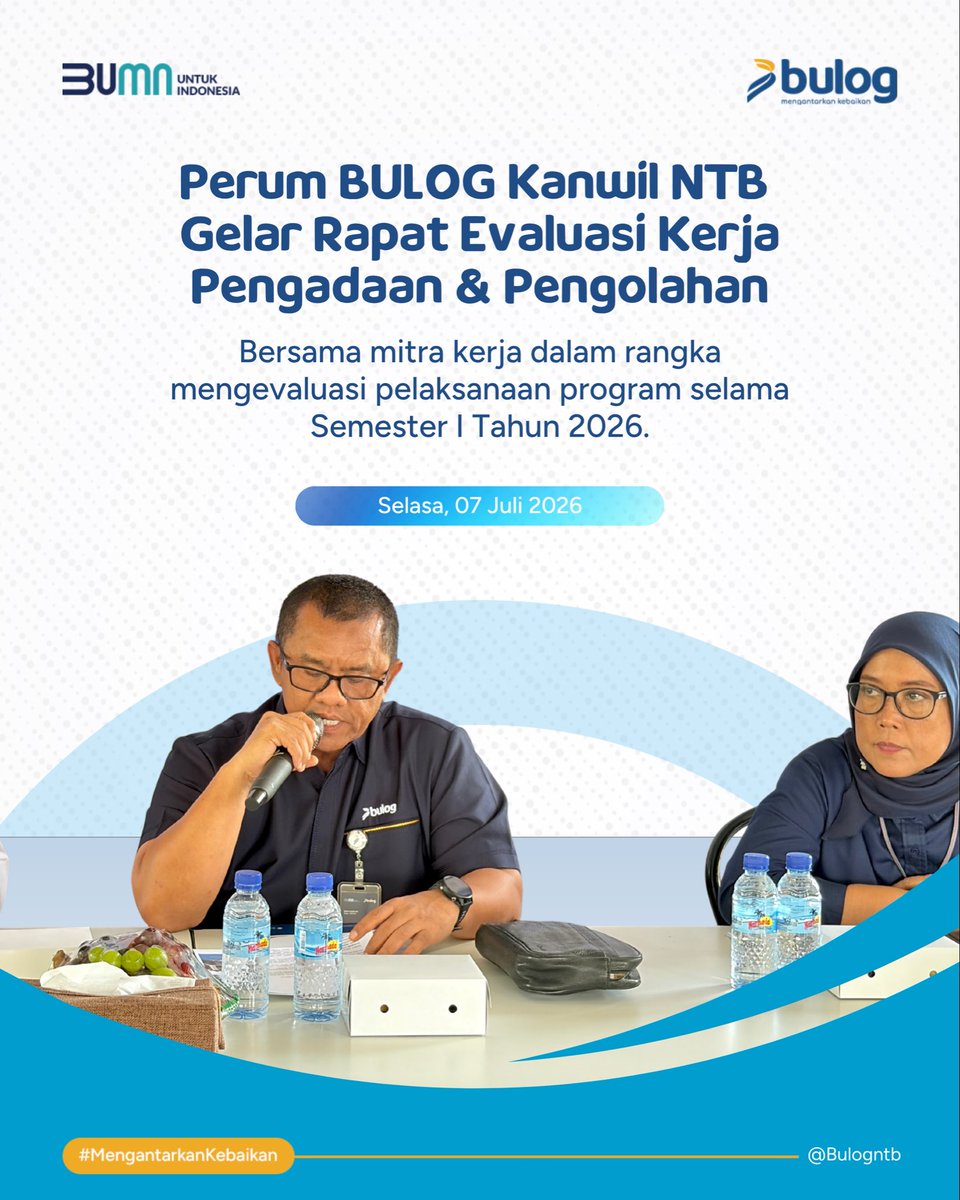 bulog_ntb's tweet photo. Perum BULOG Kanwil NTB menggelar Rapat Evaluasi Kerja Pengadaan dan Pengolahan bersama mitra kerja dalam rangka mengevaluasi pelaksanaan program selama Semester I Tahun 2026.
.
#Perumbulog #mengantarkankebaikan #rapatkerja https://t.co/c0T2LEiYLR