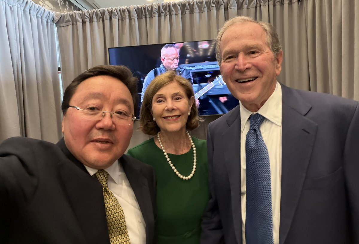 elbegdorj's tweet photo. Happy Birthday, President George W. Bush.

You are the only U.S. President to visit Mongolia. Our people will never forget it.

You have a big heart. You believe in freedom. You stand with those who fight for it.

Wishing you good health, joy, and many happy years ahead.

Happy Birthday again—from the land of the eternal blue sky, where freedom has many friends. @TheBushCenter @USNatArchives