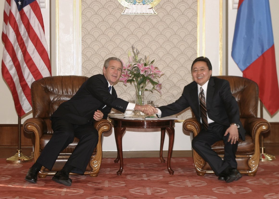 elbegdorj's tweet photo. Happy Birthday, President George W. Bush.

You are the only U.S. President to visit Mongolia. Our people will never forget it.

You have a big heart. You believe in freedom. You stand with those who fight for it.

Wishing you good health, joy, and many happy years ahead.

Happy Birthday again—from the land of the eternal blue sky, where freedom has many friends. @TheBushCenter @USNatArchives