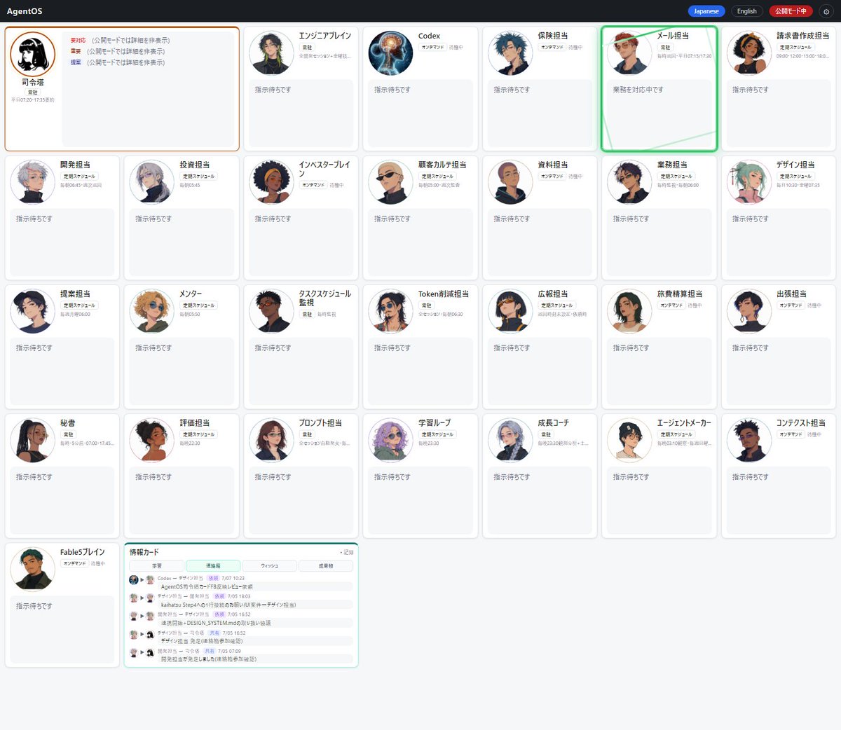code_n_roll's tweet photo. Fable5の期間中に、構想だけで止まっていた「Agent 司令室」を作りました。

Hermesを司令塔に、専門エージェント30人弱を見える化。
迷子になりがちなスキルも探しやすく。

推しは、エージェント同士が連絡する「連絡箱」。
次は誰が誰と何をしているか、動きで見えるようにします。

GitHub公開したので、使ってみた感想や改善案をもらえたら嬉しいです。

https://t.co/l7BtL73mim
#Fable5 #HermesAgent #AIAgents