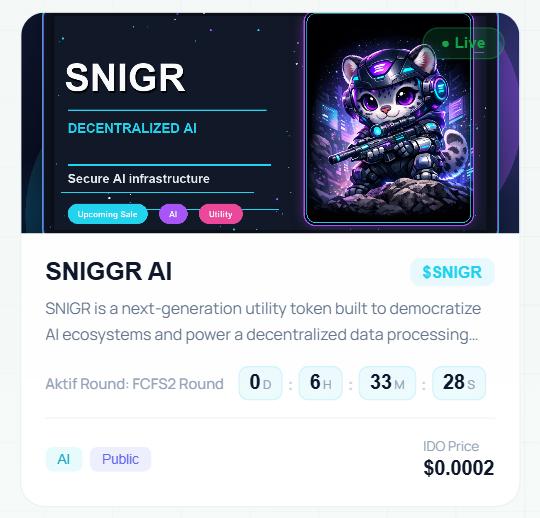 OssyCrypto's tweet photo. 🚀 SNIGR AI Presale is LIVE! @sniggr_ 

The future of decentralized AI starts here.

🔹 Secure AI Infrastructure
🔹 Utility-focused ecosystem
🔹 Decentralized AI processing
🔹 FCFS Round is now active

💰 Presale Price: $0.0002

Early supporters have the opportunity to enter before wider market exposure.

If you're following the next wave of AI + Web3 innovation, SNIGR AI is definitely a project worth watching.

Launchpad 👇
https://t.co/FnpVCYVx0M 

#SNIGR #AI #Crypto #Web3 #Presale #DeAI #Blockchain #IDO