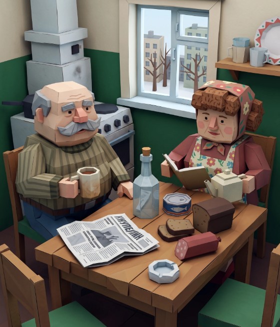 zekakafasi's tweet photo. prompt : 

Ironic 3d poster [low poly cubic 3d absurd paper craft] in the style of Valentin Gubarev and Vladimir Lyubarov: "Soviet still life" --no textVisualization: no more than 1-2 characters in the https://t.co/RgxGH7elFj: Natural colors, no yellow tint, temperature 6000k https://t.co/BX593x5Nb5