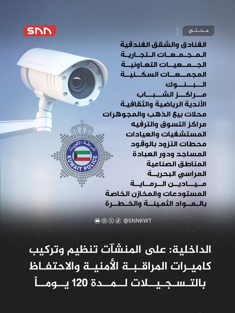Snnkwt's tweet photo. قانون رقم 61 لسنة 2015 بشأن تنظيم وتركيب كاميرات وأجهزة المراقبة الأمنية

وزارة الداخلية: يجب على ملاك المنشآت التالية تنظيم وتركيب كاميرات أجهزة المراقبة الأمنية:

•الفنادق والشقق الفندقية
•المجمعات التجارية
•الجمعيات التعاونية
•المجمعات السكنية
•البنوك
•مراكز الشباب
•الأندية الرياضية والثقافية
•محلات بيع الذهب والمجوهرات
•مراكز التسوق والترفيه
•المستشفيات والعيادات
•محطات التزود بالوقود
•المساجد ودور العبادة
•المناطق الصناعية
•المراسي البحرية
•ميادين الرماية
•المستودعات والمخازن الخاصة بالمواد الثمينة والخطرة

يجب الاحتفاظ بتسجيلات الكاميرات وأجهزة المراقبة الأمنية لمدة 120 يوماً وعدم إجراء أي تعديلات عليها واجراء الصيانة الدورية لكاميرات وأجهزة المراقبة الأمنية وتحديثها بصفة مستمرة

للاستفسار عن أحكام القانون أو الحصول على المزيد من المعلومات، يُرجى التواصل عبر تطبيق واتساب فقط على الرقم: 25580888