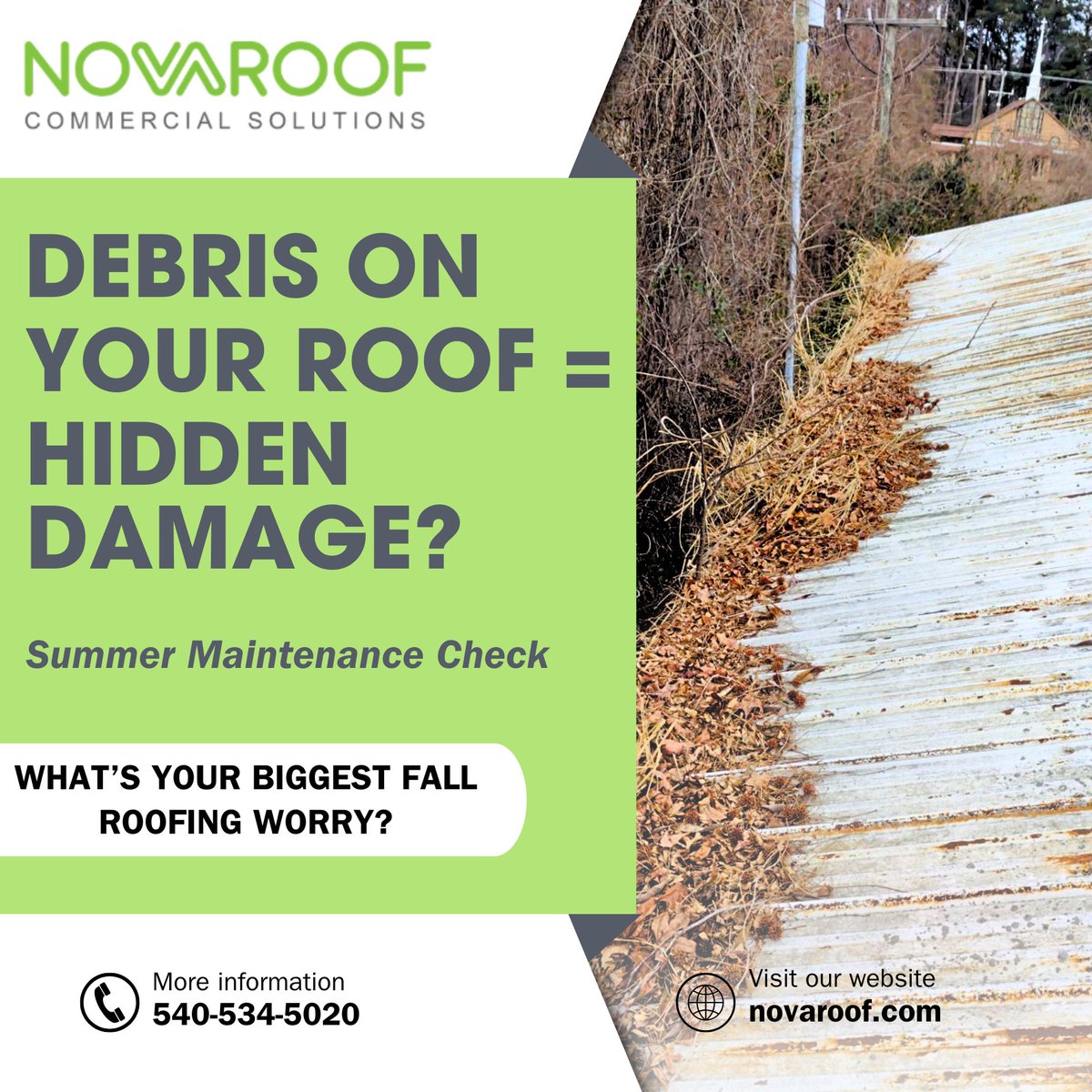 WHertzler59959's tweet photo. Debris on your roof can block drains and lead to ponding water.
Routine cleaning helps protect your commercial roof and supports long-term performance.
π 540-534-5020 | π https://t.co/BsDFgKyf45
#CommercialRoofing #RoofDrainage #Novaroof https://t.co/zMj78LoivH