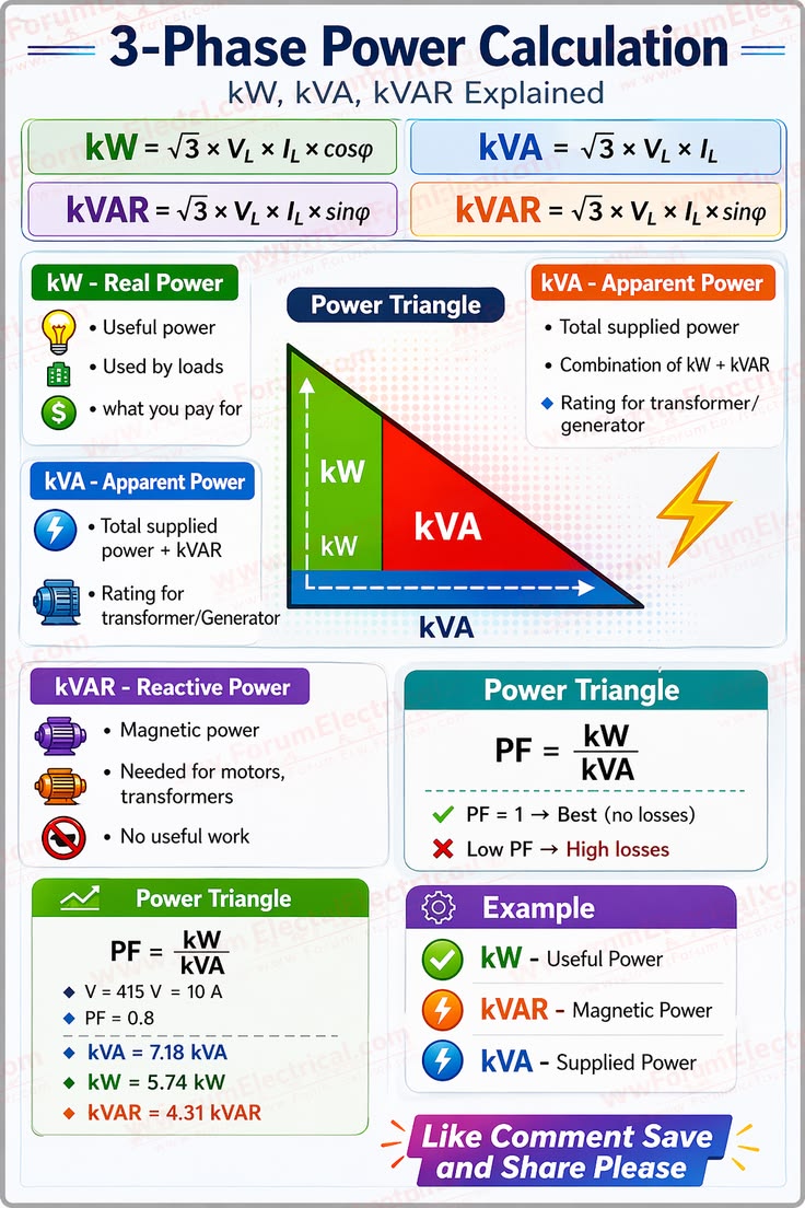 TrendScapeX's tweet photo. Know the difference between kW, kVA & kVAR and master the power triangle. Every electrician should understand these formulas.
❓If PF = 0.8, which value changes the most: kW, kVA, or kVAR? 👇
#ElectricalEngineering #Electrician #ThreePhase https://t.co/VTJS8jXkHb