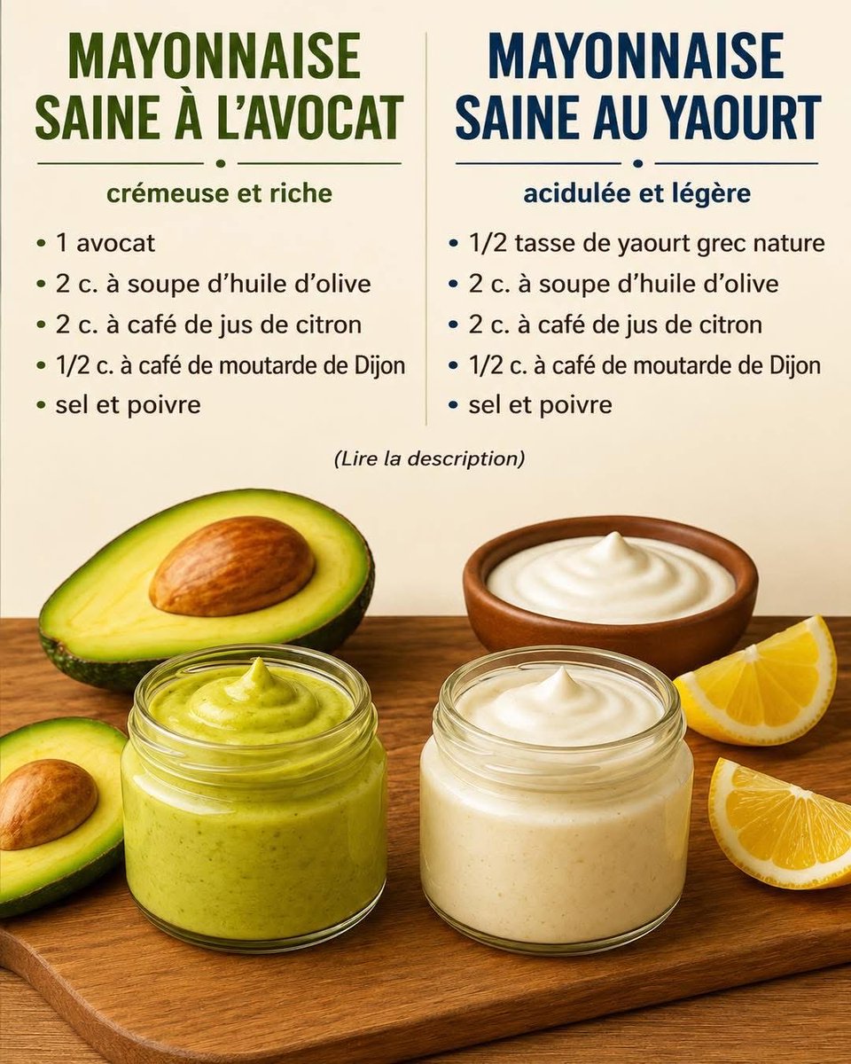 DaAcervo's tweet photo. Duas alternativas saudáveis para diversificar a maionese:

🥑 Maionese de abacate:

Essa versão é cremosa, rica em sabor e naturalmente nutritiva.
🔹 1 abacate maduro
🔹 2 colheres de sopa de azeite de oliva
🔹 2 colheres de chá de suco de limão
🔹 ½ colher de chá de mostarda Dijon
🔹 Sal e pimenta

Misture todos os ingredientes até obter uma textura lisa e cremosa. 
Fica perfeita com saladas, sanduíches e legumes grelhados.

🥣 Maionese de iogurte:

Levemente ácida, ela traz frescor para vários pratos.
🔹 ½ xícara de iogurte grego natural
🔹 2 colheres de sopa de azeite de oliva
🔹 2 colheres de chá de suco de limão
🔹 ½ colher de chá de mostarda Dijon
🔹 Sal e pimenta

Misture simplesmente os ingredientes até obter uma preparação homogênea. 
Essa sauce é ideal com crudités, peixes ou batatas.

Personalize suas receitas
Adicione ervas frescas, alho, páprica ou suas especiarias favoritas para criar sabores únicos.

Preparadas em poucos minutos, essas alternativas caseiras permitem dar um toque de frescor e sabor aos seus pratos, priorizando ingredientes simples e naturais.