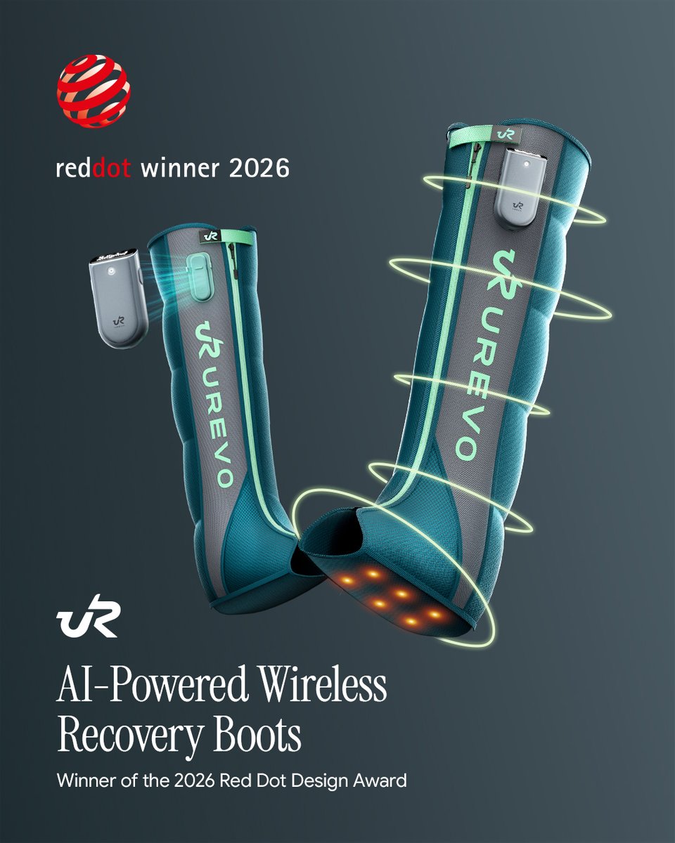 UREVO_official's tweet photo. Beautiful design meets ultimate downtime. 🏆 The #UREVO AI-Powered Wireless Recovery Boots have officially won the 2026 Red Dot Design Award!

Smart, AI-driven compression designed to fit seamlessly into your living room. 🔋✨

#RecoveryBoots  #RedDotAward2026 #SmartWellness https://t.co/mOJjJlrM36
