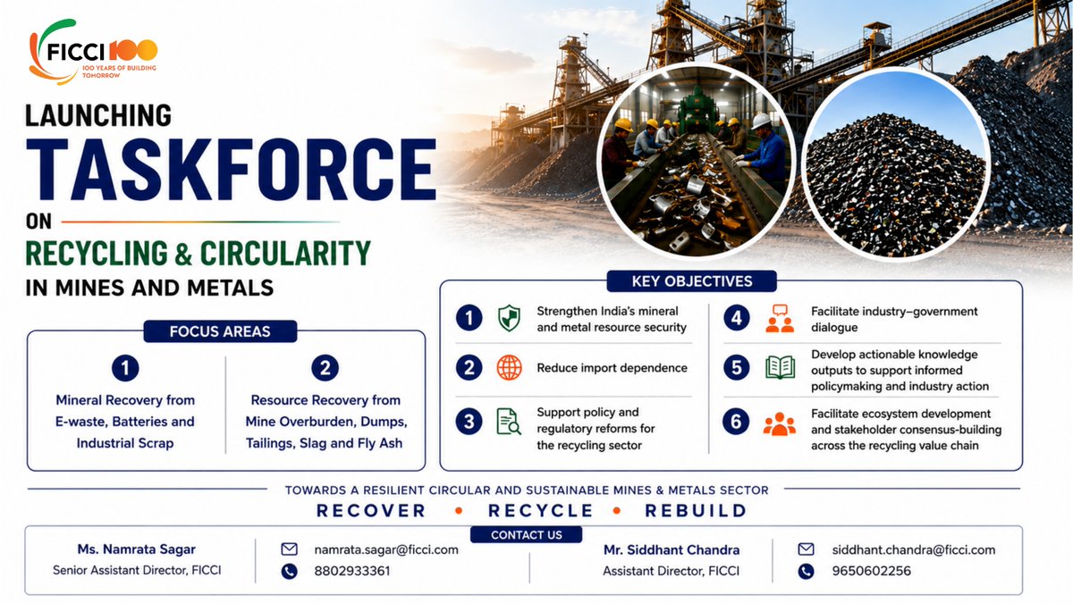 ficci_india's tweet photo. Launching the FICCI Taskforce on Recycling and Circularity in Mines & Metals
As India advances towards a more resilient and sustainable minerals ecosystem, strengthening resource efficiency and promoting circularity have become increasingly important.
The FICCI Taskforce on Recycling and Circularity in Mines & Metals will serve as a collaborative platform for industry, policymakers, technology providers, academia, and other stakeholders to drive dialogue on recycling, secondary resource recovery, and policy reforms. Through research, knowledge-sharing, and stakeholder engagement, it aims to support a more circular and resource-secure mining and metals sector.
Together, we look forward to shaping practical solutions for a sustainable future.