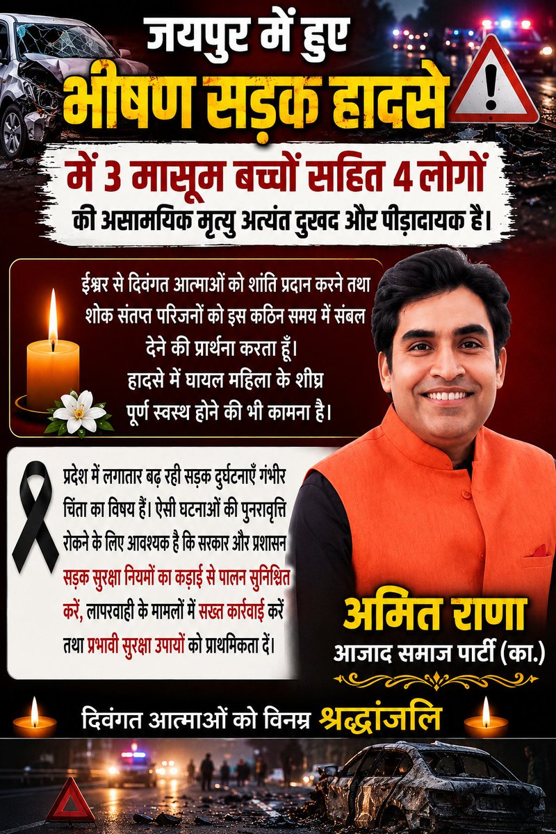 ranainmedia's tweet photo. जयपुर सड़क हादसे में मासूम बच्चों सहित चार लोगों की असामयिक मृत्यु अत्यंत दुखद, दिवंगत आत्माओं को विनम्र श्रद्धांजलि।
CMO Rajasthan https://t.co/pcevysiyWd