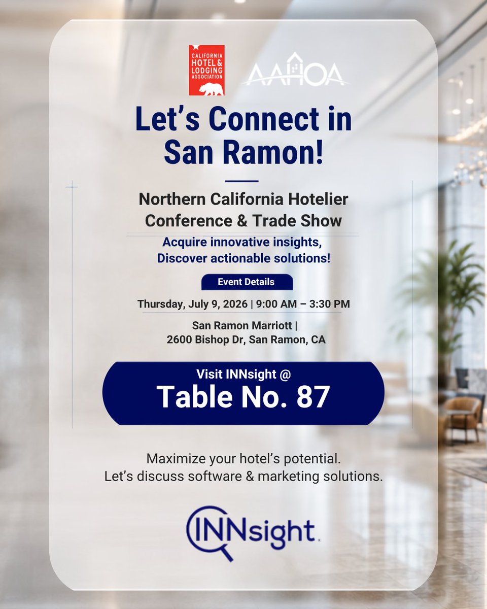 INNsight's tweet photo. High OTA commissions, managing online reputation, dropping revenue, or outdated marketing? 📉
Don’t just collect brochures at the CHLA NorCal Conference on July 9th. Stop by Table 87 and let’s actually fix your property’s biggest operational headaches.
#INNsight #CHLA2026 https://t.co/dZ3ChyZYyg