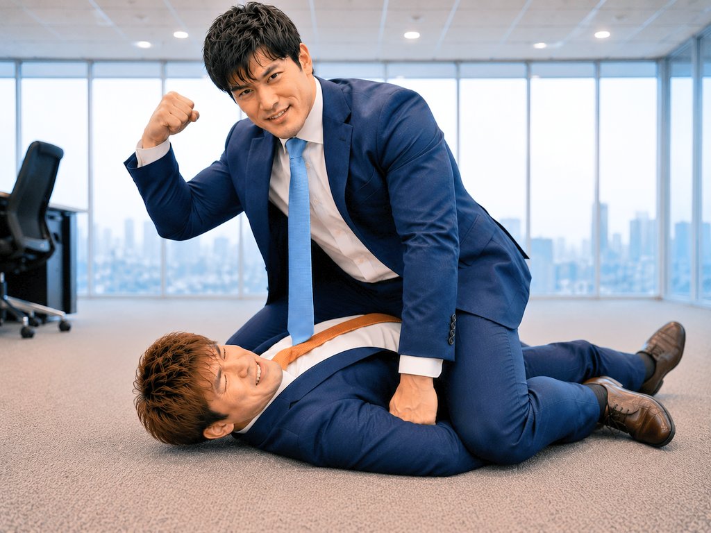 wrestlebulgfan's tweet photo. オフィスでスーツ姿の二人が力比べ。
手四つから始まった勝負は、最後は馬乗りで決着。
Two men in suits test their strength in the office. The lock-up leads to a decisive mount position.
#AIart #AIイラスト #スーツ男子 #SuitStyle #SuitMen #Wrestling #ProWrestling #Office #MuscularMen https://t.co/vVScOebyZM