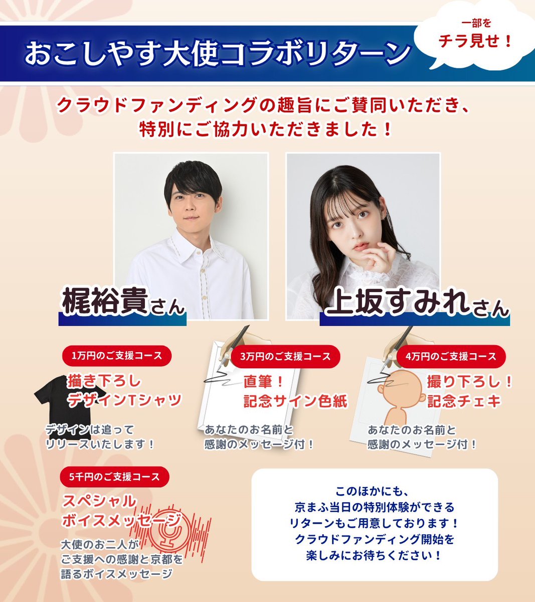 kyomaf's tweet photo. 【リターン情報チラ見せ…👀】
いよいよ7/9(木)20時〜
クラウドファンディング第5弾がスタート📢

おこしやす大使の #梶裕貴 さん、 #上坂すみれ さんが贈る特別リターンは、クラファンでしか手に入らない記念グッズ、京まふの会場で楽しめる特別体験などもご用意しています！🌟

#京まふクラファン https://t.co/m5vwhHjGaA