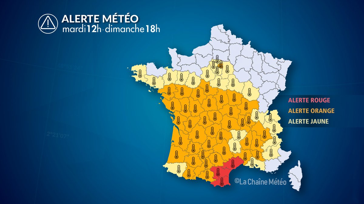 lachainemeteo's tweet photo. 🔴🌡️♨️Nos services viennent de passer les Pyrénées-Orientales, l'Aude et l'Hérault en alerte rouge #canicule avec une nouvelle intensification de la chaleur mercredi. Les températures déjà très élevées au lever du jour (21 à 27°C) atteindront souvent la barre des 40°C l'après-midi avec des pointes à 42-43°C. La #tramontane sera de retour avec un risque maximal d'#incendies.