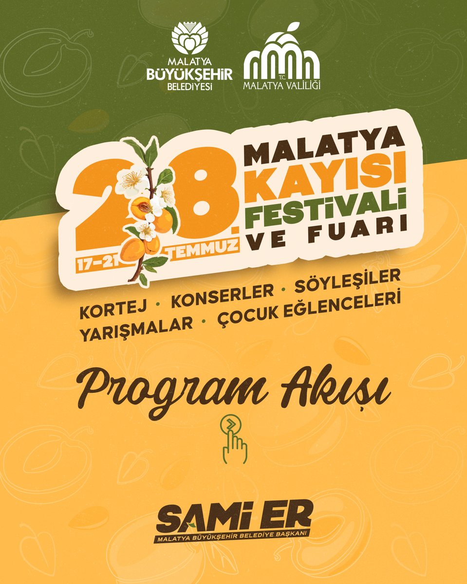 MalatyaBelTr's tweet photo. 28. Malatya Kayısı Festivali ve Fuarı Başlıyor! 🍑

Kayısının başkenti Malatya'mız; bereketi, kültürü ve festival coşkusuyla 17-21 Temmuz tarihleri arasında yeniden buluşuyor.

Konserlerden yarışmalara, sergilerden çocuk etkinliklerine uzanan dopdolu programıyla tüm hemşehrilerimizi ve misafirlerimizi festival coşkusunu birlikte yaşamaya bekliyoruz.

📍 Malatya Miş Miş Park Fuar Alanı 📌 Program akışı aşağıdadır. ⤵️

#KayısıFestivali