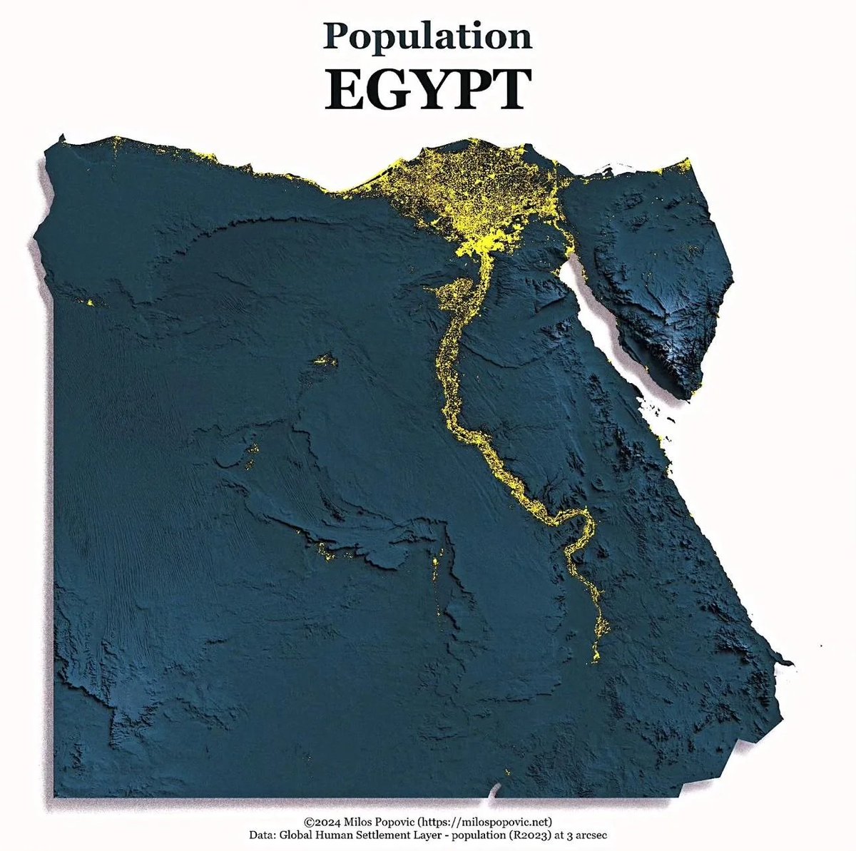 danyscht's tweet photo. Uno de mis mapas favoritas de Egipto es este. Un país de 1 millón de kilómetros cuadrados, donde el 95% de la población vive en el 4% del territorio: el río Nilo y su delta. 

El resto es desierto casi inhabitado. https://t.co/GNkzsTae3d