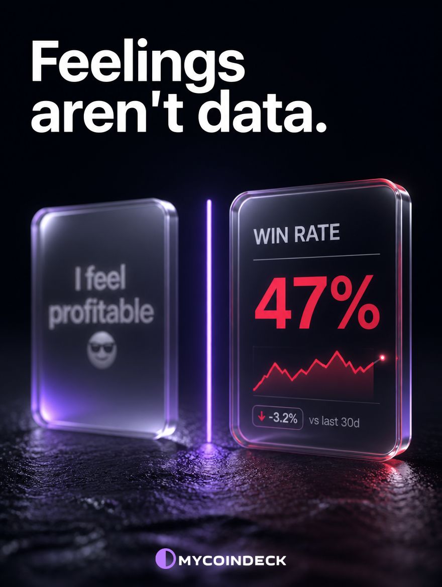 MyCoinDeck's tweet photo. 'I'm pretty sure I'm up this year.'
Pretty sure... 🤔
MyCoinDeck replaced my 'pretty sure' with an actual number, across every exchange and every trade.
Spoiler: the number hurt. But it fixed my trading.
Follow us to know yours!
#MyCoinDeck #WinRate #TradingPsychology https://t.co/ZUp3iSpFIW