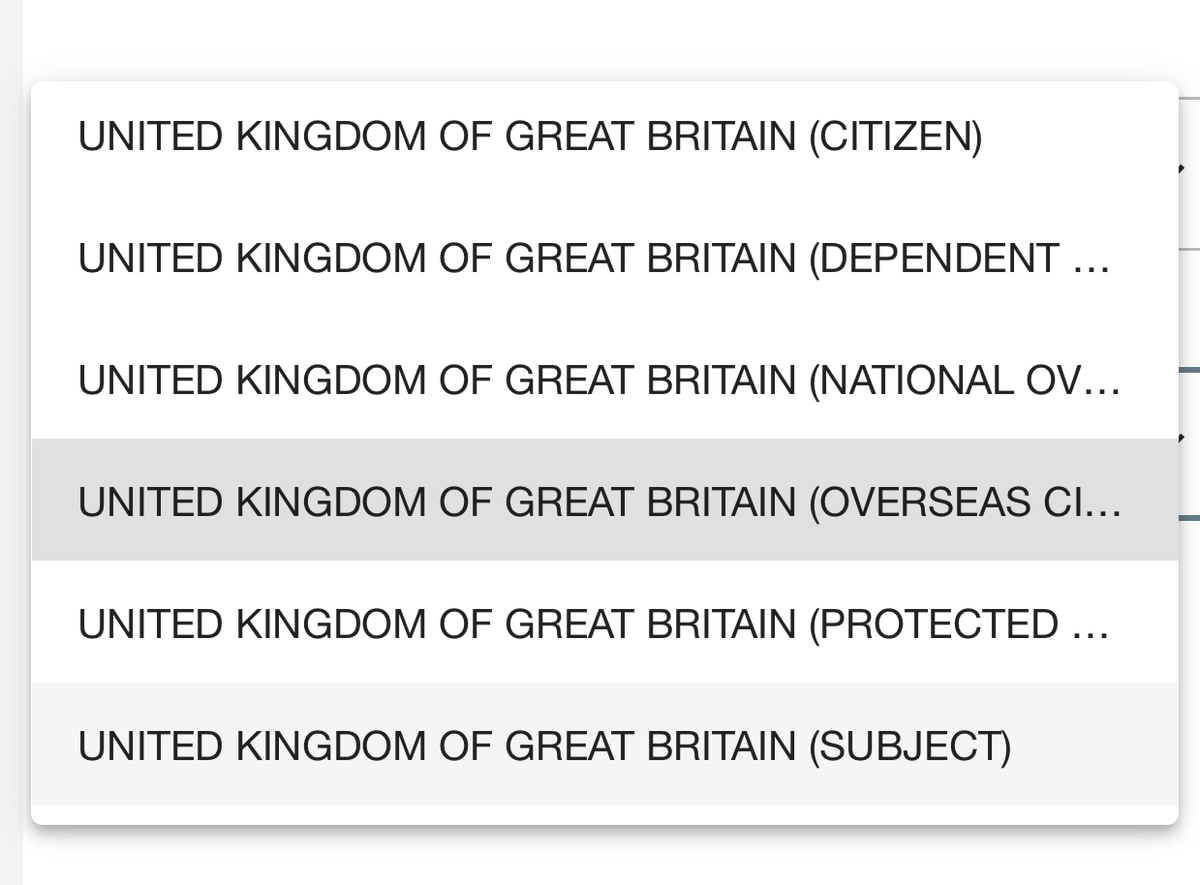BrentLindeque's tweet photo. If you were flying to the UK tomorrow... and you were filling out the new SARS declaration (on the App), which option would you choose, if you couldn't see the rest of the words?

Like, there is no way to see the rest of the words.

Hypothetically, obviously.

*Also, in this situation, you are not a UK "citizen" or "dependant" or "subject"... so... which do you choose?
