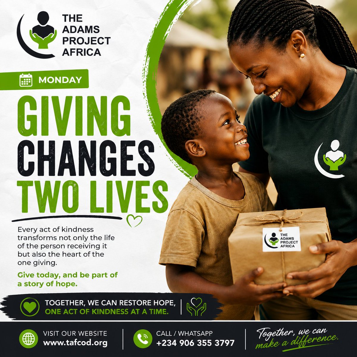 project_adams's tweet photo. Giving is more than an act of kindness—it is a lifestyle that transforms lives. 

Every helping hand, every generous heart, and every selfless act creates hope where it is needed most.

Be the reason someone believes tomorrow can be better. 💚

 #TAFCOD #TAPA #nigeriansindiaspora https://t.co/XN1q2JR8dL