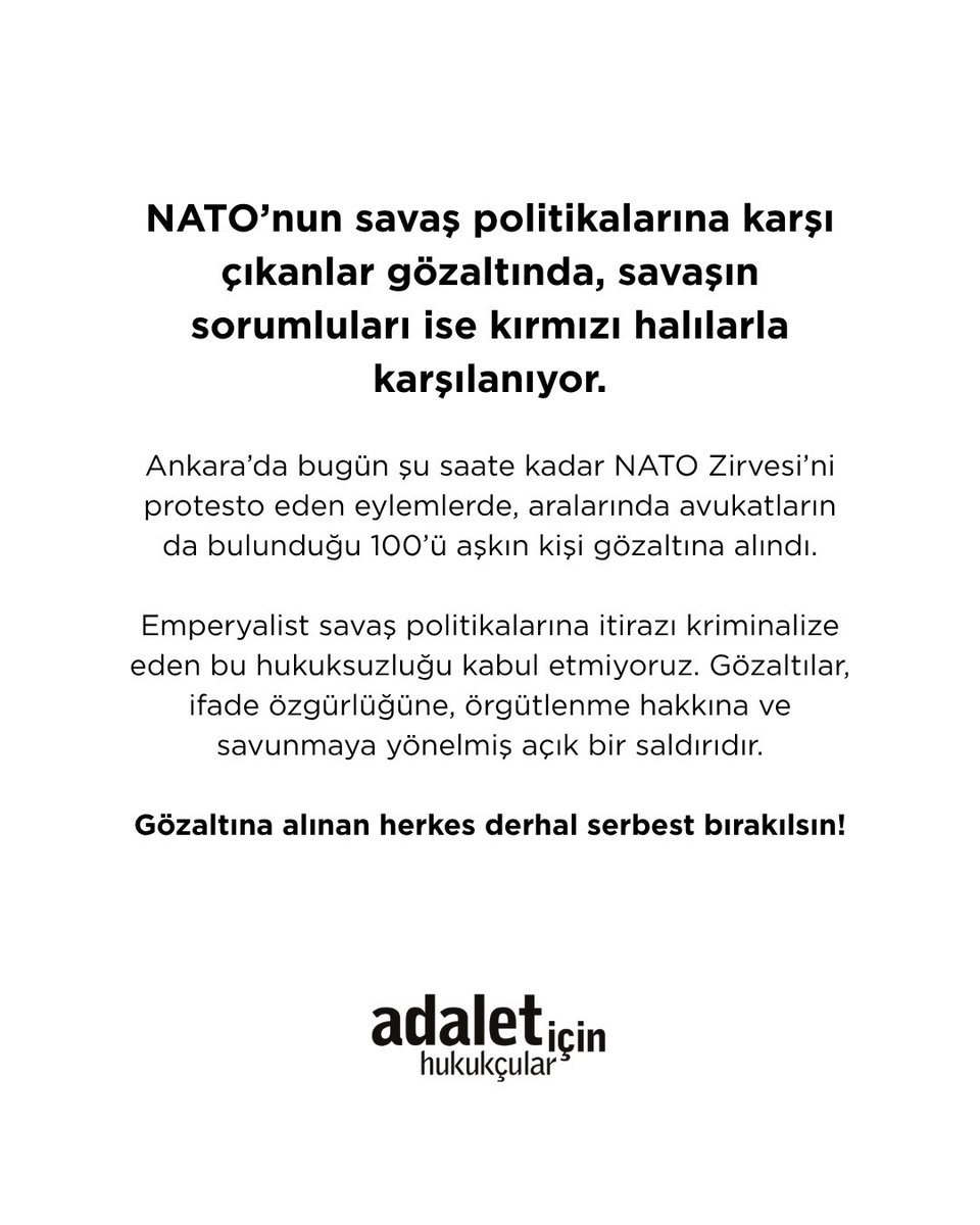 adaletsosyalizm's tweet photo. NATO’nun savaş politikalarına karşı çıkanlar gözaltında, savaşın sorumluları ise kırmızı halılarla karşılanıyor. https://t.co/S1ySx6TSqI