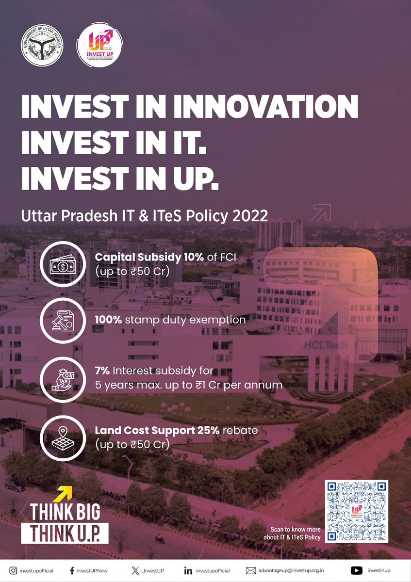 _InvestUP's tweet photo. Build. Scale. Innovate. Grow.

Uttar Pradesh is creating the ideal environment for technology-driven enterprises to thrive. Backed by progressive policies, robust digital infrastructure, a vast skilled talent pool, and a business-friendly ecosystem, the state offers unparalleled opportunities for IT & ITeS companies looking to expand their footprint.

Whether you're establishing a new facility or scaling your operations, Uttar Pradesh is where innovation meets opportunity.

#InvestUP #UttarPradesh #IT #ITeS #TechInnovation #DigitalTransformation #FutureReady #InvestInUP #EaseOfDoingBusiness #Technology #ThinkBigThinkUP