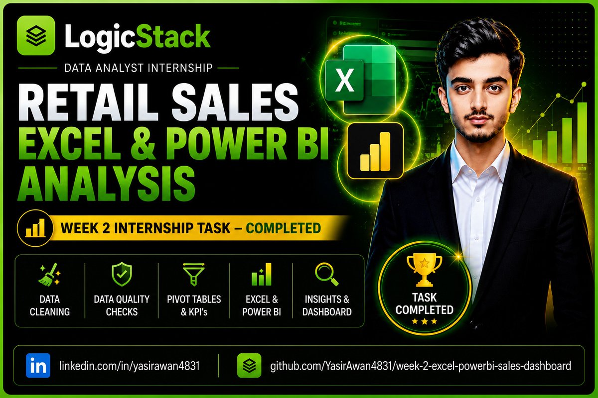 YasirAwan4831's tweet photo. Successfully finished my Data Analyst Internship task 2 at #LogicStack using @msexcel & @PowerBI.
Built #KPI_dashboards, Pivot Tables and business insights. 📊
🔗GitHub Repository: https://t.co/i0WV96GSMS
#LogicStack #PowerBI #Excel #DataAnalytics #fullstackdev #YasirAwan4831 https://t.co/obyjJpcb4m