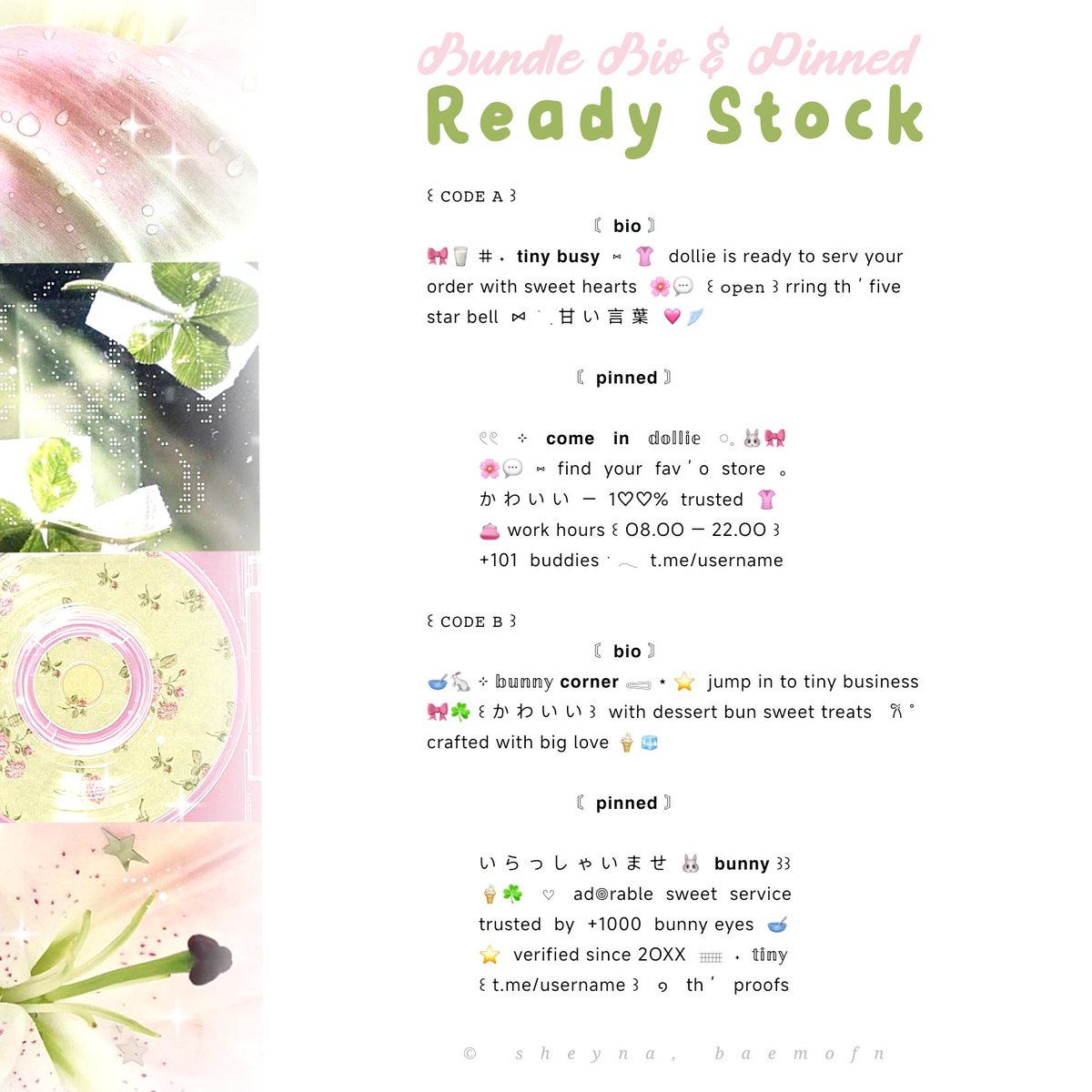 baemofn's tweet photo. ㅤ
ㅤ 𐔌 🍏 . . help  repost，please？thank you so muchie ‹𝟹

ⓘ  。 。< 𝗦𝗣𝗘𝗖𝗜𝗔𝗟 𝟳.𝟳 >  𝓢 heyna bawakan 4 wording bundle bio pinned 🌸 ◌ dengan 𝗦𝗣𝗘𝗖𝗜𝗔𝗟 𝗣𝗥𝗜𝗖𝗘 only  𓏲 ⑅ 𓄴  IDR. 7,7OO ☘️ ♡ 𓏼  ketuk dm / telegram aku ia ◎ 🎀

ㅤㅤㅤ ㅤ꒰ #bealanja ꒱ https://t.co/DJTho4GmPd