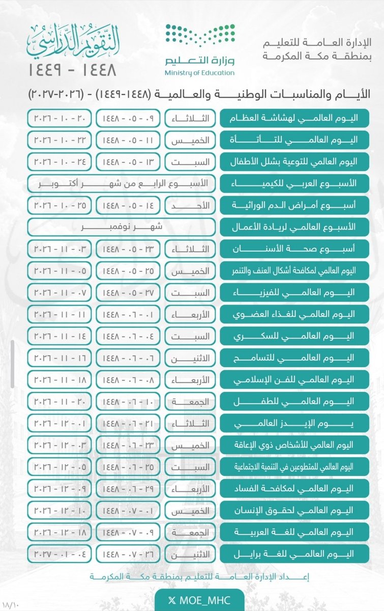 ershad2016's tweet photo. الأيام والمناسبات المحلية والعالمية للعام الدراسي 1448/ إعداد الإدارة العامة للتعليم بمنطقه مكة المكرمة https://t.co/2DVU0kpDKR