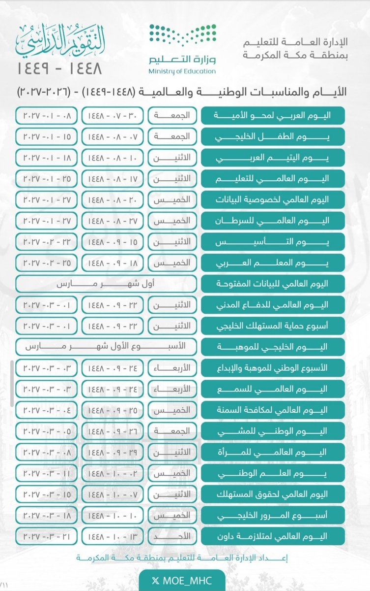 ershad2016's tweet photo. الأيام والمناسبات المحلية والعالمية للعام الدراسي 1448/ إعداد الإدارة العامة للتعليم بمنطقه مكة المكرمة https://t.co/2DVU0kpDKR