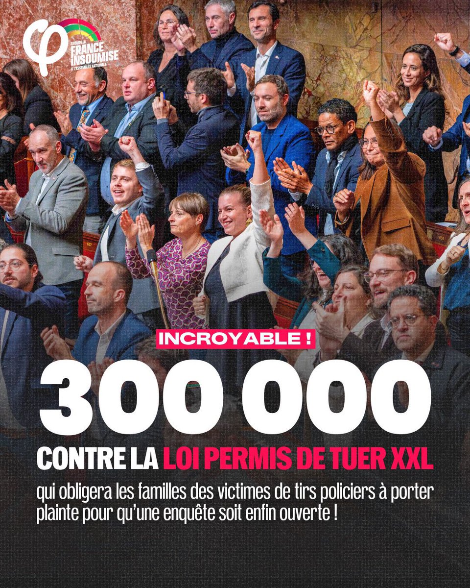 abomangoli's tweet photo. Déjà plus de 300 000 personnes ont signé la pétition contre le « permis de tuer XXL » accordé aux policiers et aux gendarmes.

Pour rappel, cette proposition de loi soutenue par le gouvernement est directement issue du programme de Jean-Marie Le Pen.

Continuons à nous mobiliser en signant la pétition : https://t.co/JxRjC7lGdm Et rendez-vous à 14 h, au métro Invalides !
