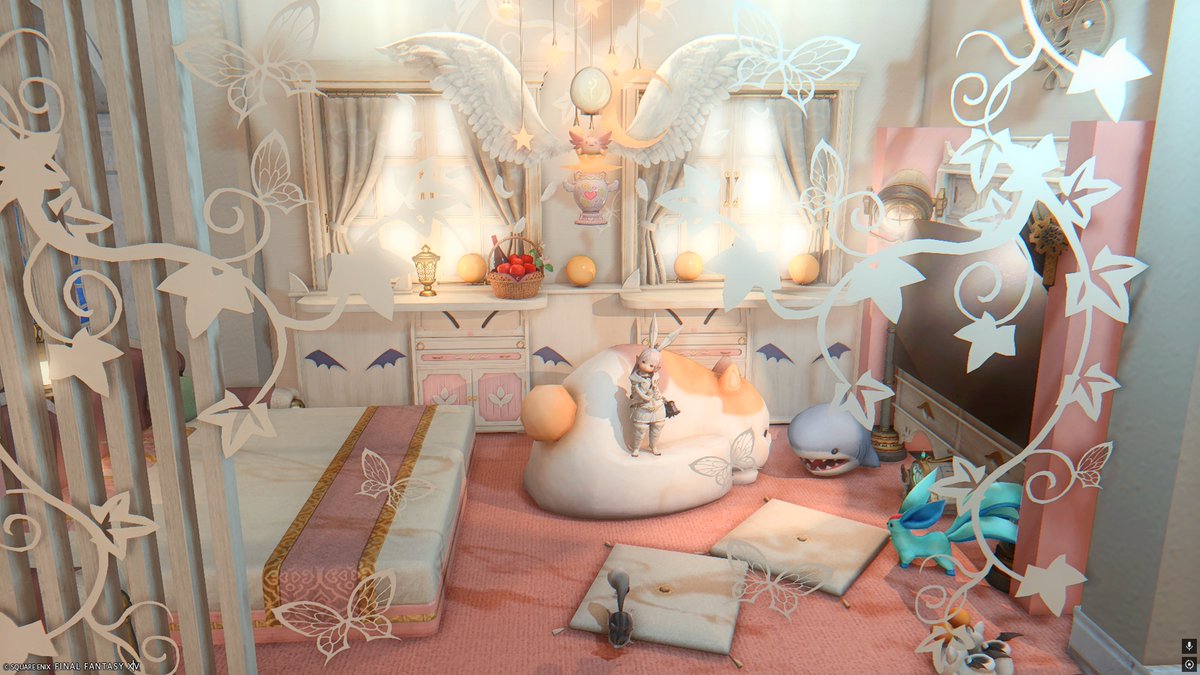 clausff14's tweet photo. 白とピンクテーマのお部屋お気に入りです🐰🌸
違うスペースもうちょっといじろう！
#FF14ハウジング https://t.co/5HiOKfKGhb