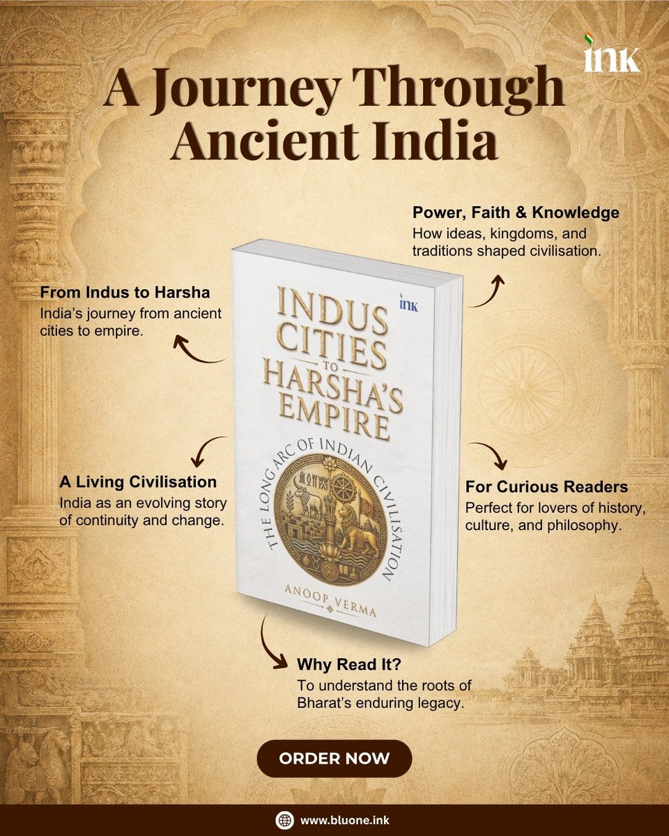 BluOneInk's tweet photo. India's story didn't begin with empires, it began with ideas, innovation, and an enduring civilisation. 

Indus Cities to Harsha's Empire takes you on a journey through the people, kingdoms, and traditions that shaped Bharat's legacy.

#History #AncientIndia #IndianCivilisation #Books #BluOneInk
