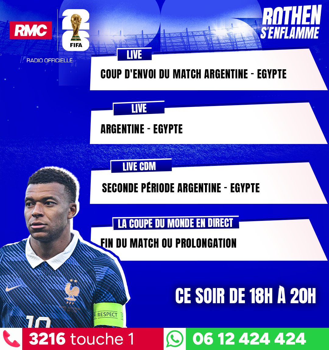 Rothensenflamme's tweet photo. 🔥 Programme un petit peu particulier aujourd'hui : la bande de @RothenJerome se retrouve pour vivre en direct le 1/8ème de finale Coupe du monde, 🇦🇷Argentine - Egypte🇪🇬 !

🔴 Rendez-vous de 18h à 20h en direct sur RMC. https://t.co/9yxNfMK4zR