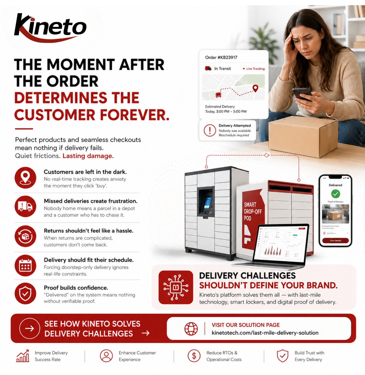 KinetoTech's tweet photo. Missed delivery. Frustrated customer. Damaged brand. Last-mile delivery is harder, but it doesn't have to break your operations. Kineto helps logistics & delivery networks fix it.
See how: https://t.co/QWdTXX0VcB
#LastMileDelivery #LogisticsTech #SmartLogistics #DeliveryTech https://t.co/kCYwODh3bV