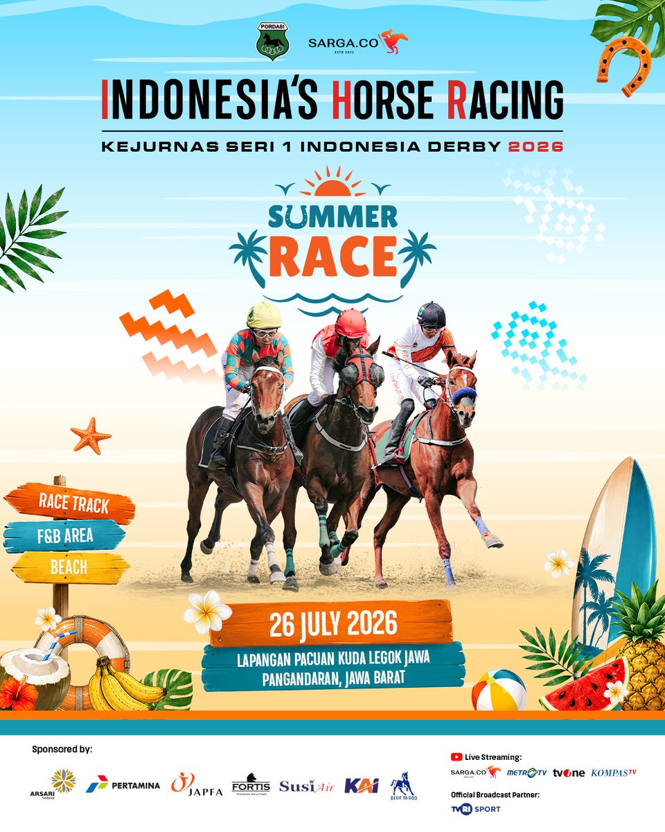 IDhorseracing's tweet photo. KAPAN LAGI BISA NONTON PACUAN KUDA DI PINGGIR PANTAI?!🌊🏇

Indonesia's Horse Racing: Kejurnas Seri 1 Indonesia Derby 2026 siap hadir dengan tema Summer Race yang bakal bikin weekend kalian makin seru.

Catat tanggalnya: 26 Juli 2026 di Lapangan Pacuan Kuda Legok Jawa, Pangandaran, Jawa Barat. Ajak keluarga, teman, atau pasanganmu dan rasakan langsung serunya race day di pinggir pantai! See you at the track🤩