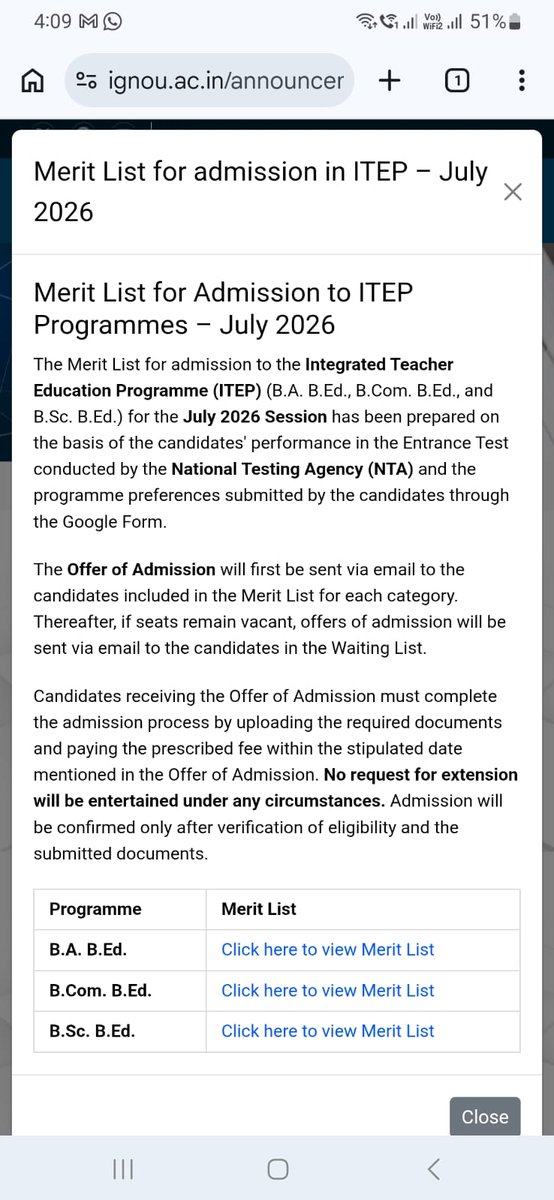OfficialIGNOU's tweet photo. Merit List for admission in ITEP – July 2026, Announced
https://t.co/vWwctYD1bt https://t.co/nvFEFSQFrf