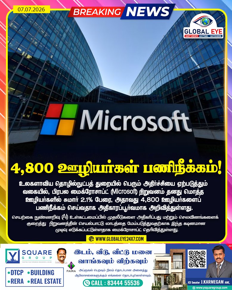 globaleye24x7's tweet photo. உலகளாவிய தொழில்நுட்பத் துறையில் பெரும் அதிர்ச்சியை ஏற்படுத்தும் வகையில், பிரபல மைக்ரோசாப்ட்  நிறுவனம் தனது மொத்த ஊழியர்களில் சுமார் 2.1% பேரை,அதாவது 4,800 ஊழியர்களைப் பணிநீக்கம் செய்வதாக அதிகாரப்பூர்வமாக அறிவித்துள்ளது
#MicrosoftLayoffs #XboxReset #TechLayoffs2026 #GamingIndustry https://t.co/lZaGE9XHuX