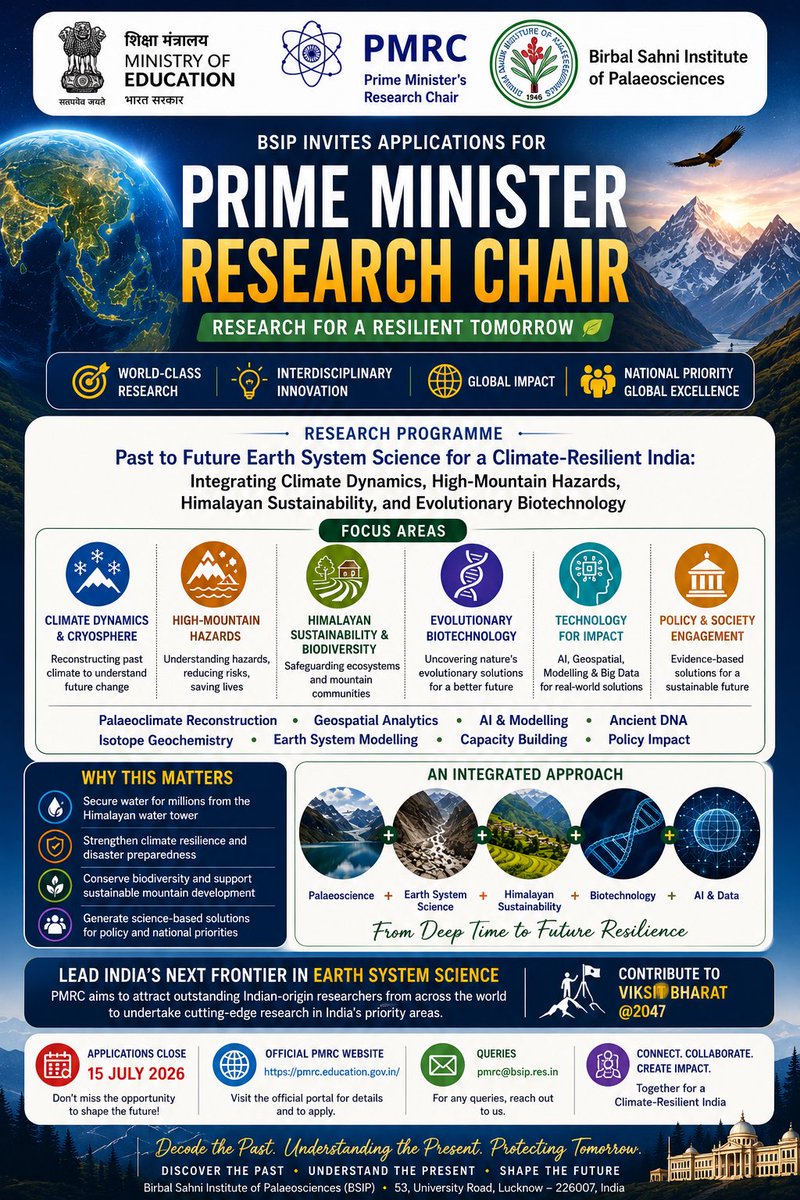 BSIP_official's tweet photo. #BSIP invites applications for Prime Minister Research Chair @IndiaDST @DrJitendraSingh @waghmare16 https://t.co/wrA4ICRPuC