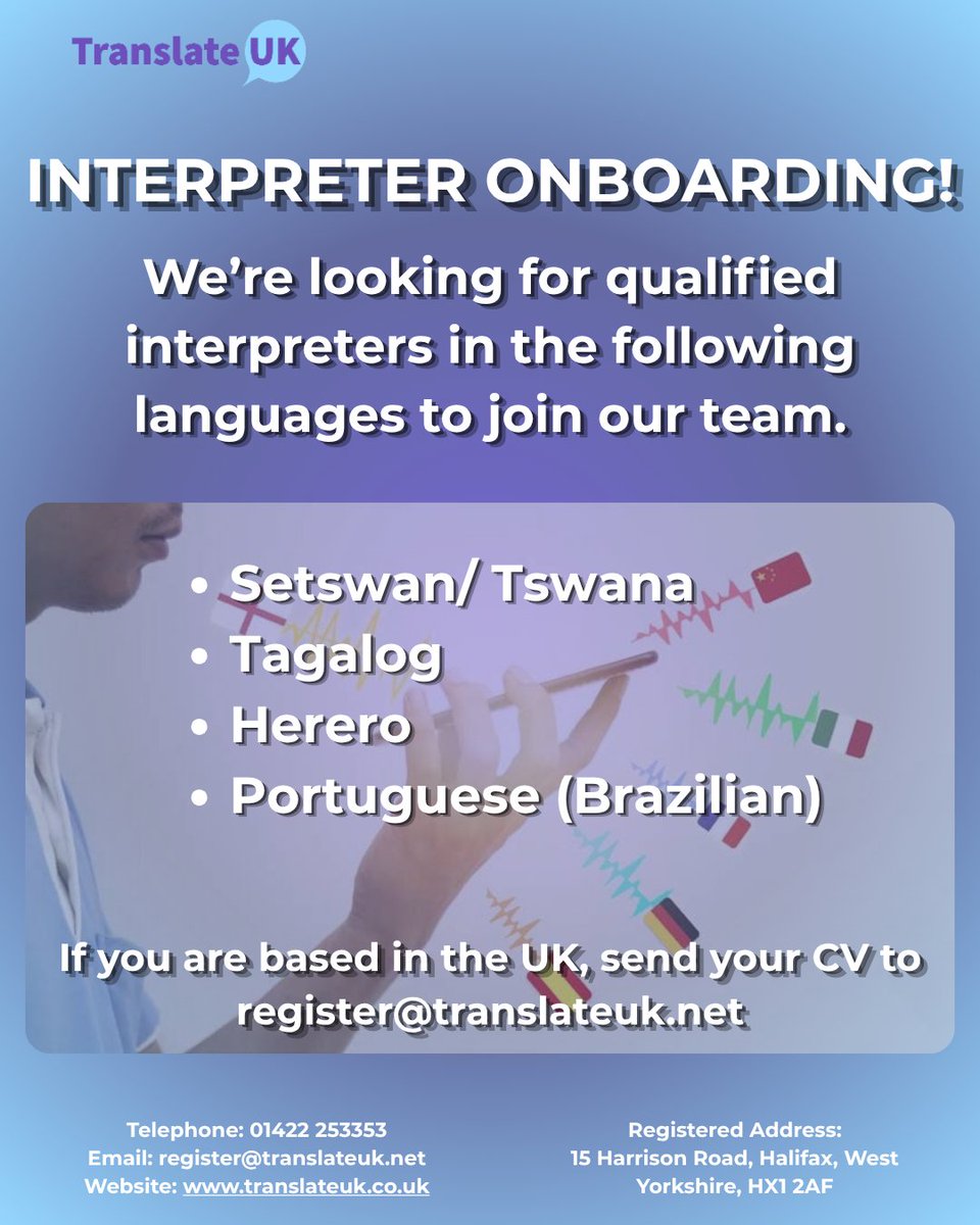 TranslateUK's tweet photo. π’ We're currently registering interpreters for the languages listed below! π
If you're qualified and looking for flexible interpreting opportunities, we'd love to hear from you.
π© Register your interest today.
#InterpretersWanted #LanguageJobs #Interpreting #TranslateUK https://t.co/dbVXsLqnAm