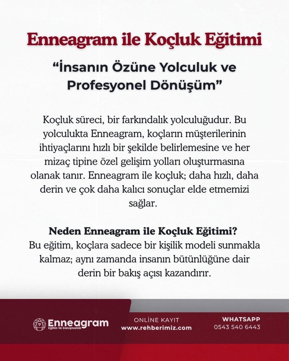EnneagramEgitim's tweet photo. ⭐️Koçlukta her danışan aynı yaklaşıma ihtiyaç duymaz.

Enneagram ile Koçluk: İnsanın Özüne Yolculuk ve Profesyonel Dönüşüm eğitimi ile danışanlarınızın temel motivasyonlarını, gelişim alanlarını ve dönüşüm potansiyelini daha derinlemesine keşfedin.

➡️https://t.co/rowEK0VdHy https://t.co/HtdIoySjYj