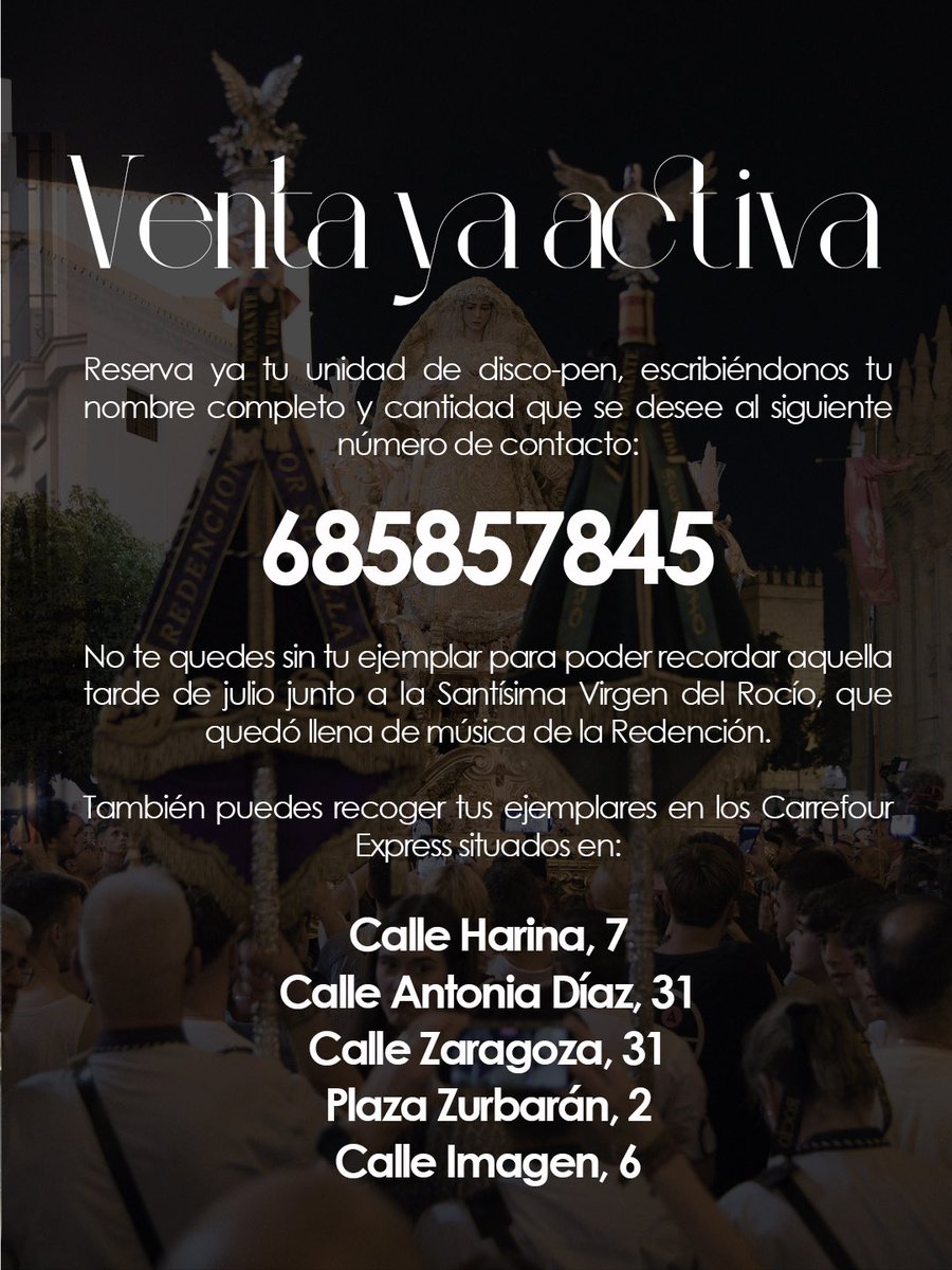 AMRedencion's tweet photo. 📀 Lanzar un disco de música cofrade en pleno verano era un verdadero reto, pero vuestra respuesta ha vuelto a demostrarnos que la música y la solidaridad no entienden de calendarios .

🚨Nos quedan las últimas 300 unidades para agotar por completo la edición limitada.

¿Cómo conseguirlo? 😉

📍Si estás en Sevilla: Puedes adquirirlos directamente en los establecimientos colaboradores que te detallamos en la infografía, al precio de 5€.

📦 Si eres de fuera: No te preocupes, la distancia no es un problema para colaborar. Escríbenos al 685857845 y te daremos toda la información sobre los envíos.

Hazte con el tuyo, disfruta de nuestra música y, lo más importante, colabora con la gran labor de @Autismo_Sevilla.

#RedencionporSevilla 🎼