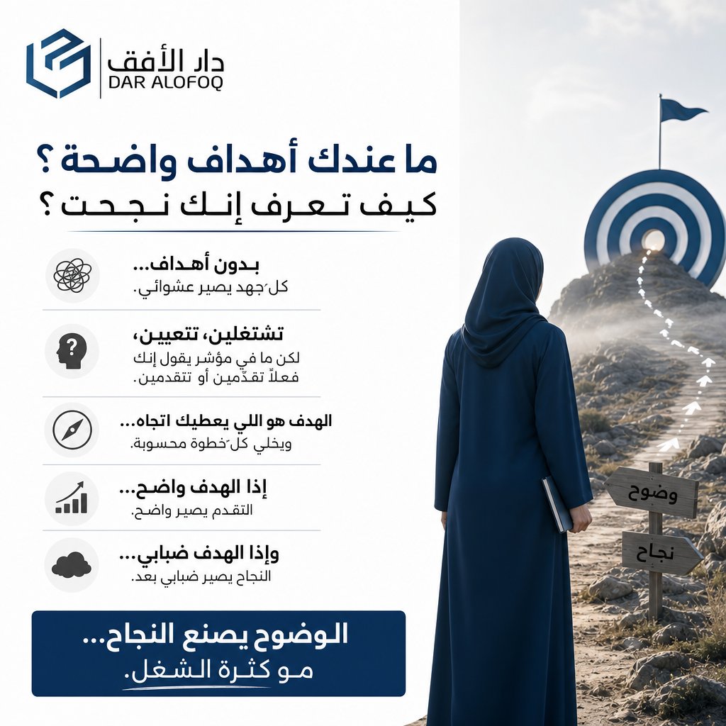 DOFOQKSA's tweet photo. الأهداف = قياس.   إذا ما عندك هدف واضح… ما عندك طريقة تعرفين إذا شغلك يتقدم أو لا. الوضوح يصنع النتائج، والنتائج تبدأ من هدف محدد ومكتوب.
#Ofoq_Operations https://t.co/kb2FBAXmZ5