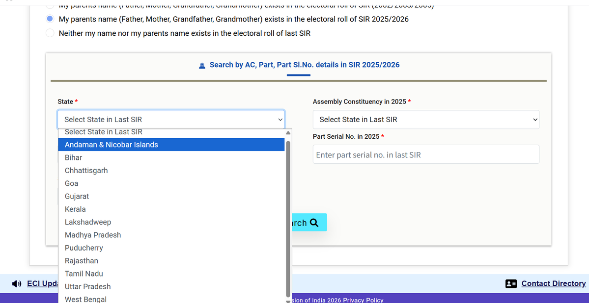rorito33's tweet photo. @ceo_karnataka @ECISVEEP 
I'm 20 years old and selecting the option that my parents' details exist in the SIR 2025/2026 electoral roll. However, Karnataka is completely missing from the State dropdown, so I can't proceed. Even the local BLO couldn't explain it. #ECINet #Karnataka https://t.co/QsamrnkzNr